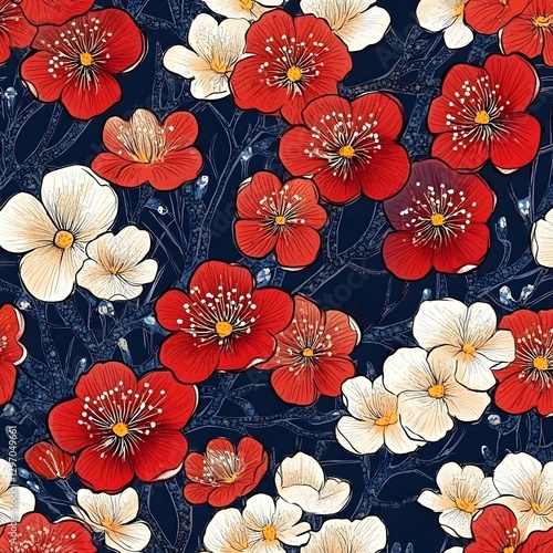 Vibrant Red and White Floral Pattern with Delicate Botanical Blooms in Nature Background
