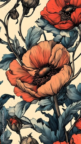 Vibrant Red Poppies Blossoming in Garden Floral Background