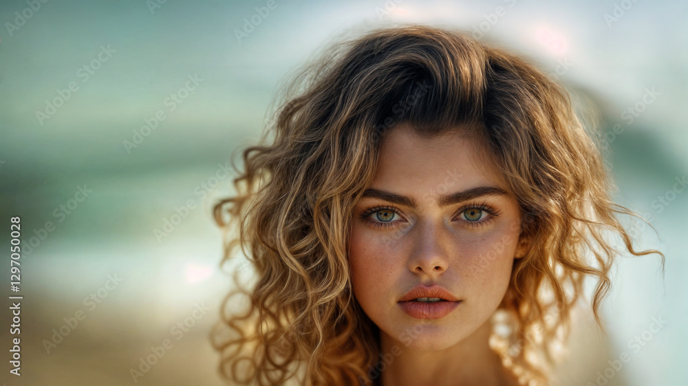 Portrait of a young woman with curly blonde hair, intense green eyes, freckles, and natural beauty, captured in soft golden-hour lighting with a dreamy beach background. Portrait of a young woman with curly blonde hair, intense green eyes, freckles, and natural beauty, captured in soft golden-hour lighting with a dreamy beach background.