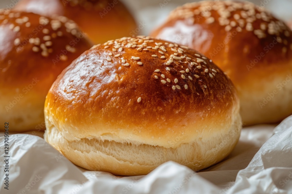 A close-up shot of a bun with sesame seeds, often used in food or recipe photography A close-up shot of a bun with sesame seeds, often used in food or recipe photography