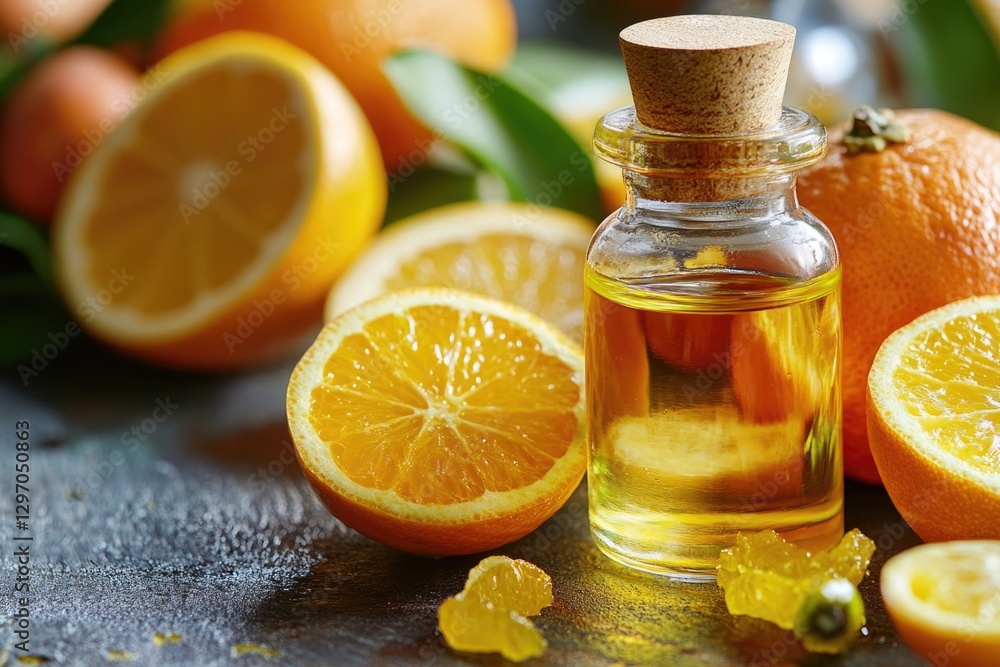 Essential oil and fresh oranges on a background Essential oil and fresh oranges on a background