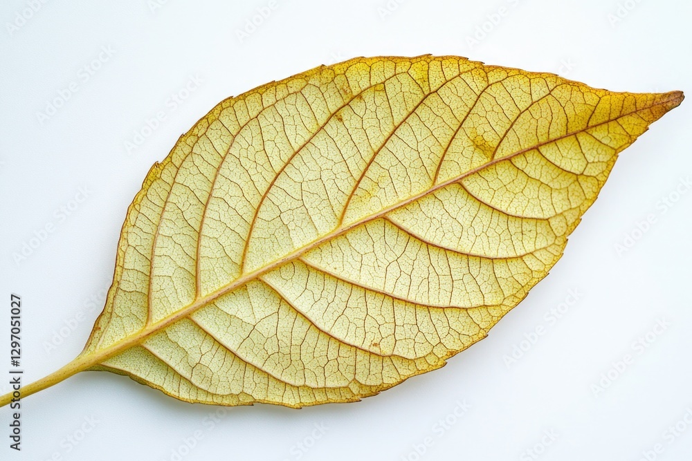 Fototapeta premium A close-up view of a single leaf on a white surface, ideal for use in still life photography or design projects
