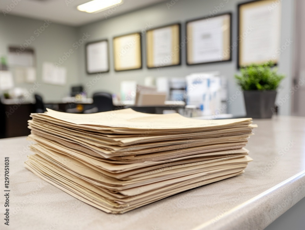 Stack of old paper files on an office desk Stack of old paper files on an office desk