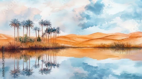 Watercolor painting depicts desert oasis with palm trees and water reflection photo