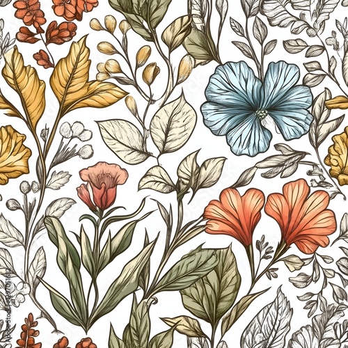 Vibrant Vintage Botanical Floral Pattern with Detailed Leaves and Flowers
