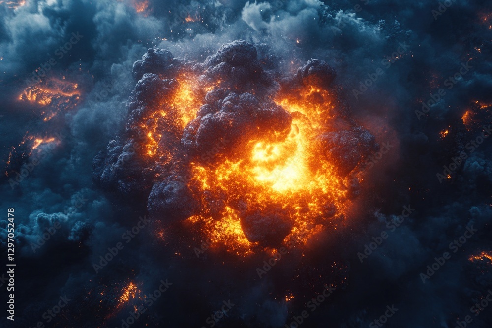 A massive fireball erupts with intense orange and black smoke, illuminating the dark sky A massive fireball erupts with intense orange and black smoke, illuminating the dark sky