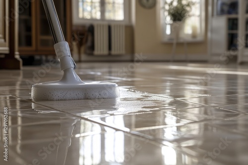 Wallpaper Mural A mop leaning against a tiled floor in a living room, ideal for interior design or household scenes Torontodigital.ca