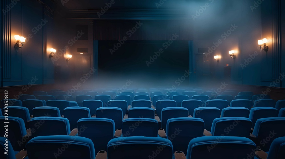 Fototapeta premium Empty Movie Theater with Blue Seats and Dramatic Lighting