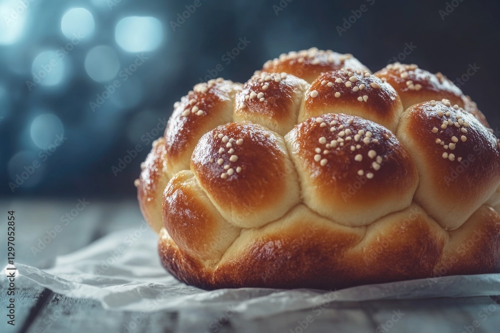 A close-up view of a freshly baked loaf of bread on a table A close-up view of a freshly baked loaf of bread on a table