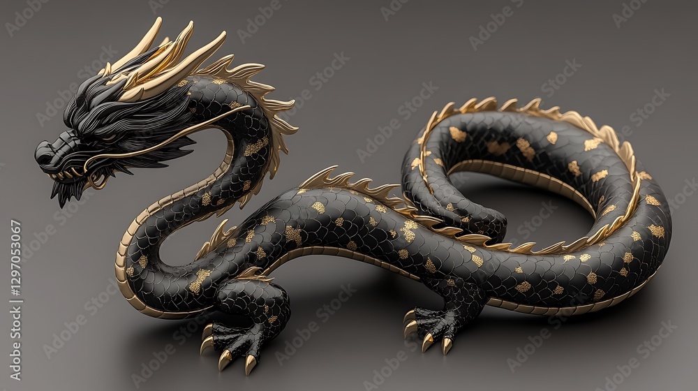 Fototapeta premium 3D Black Gold Dragon Statue, Elegant Design