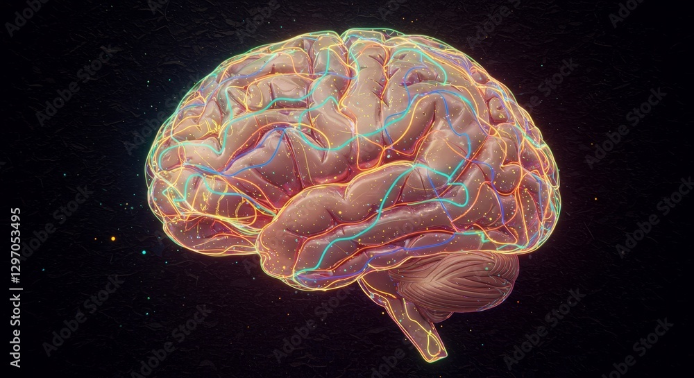 Obraz premium Intricate Brain Network: A Visual Exploration of Neural Pathways - A detailed 3D of the human brain, showcasing its complex neural connections, cognitive functions