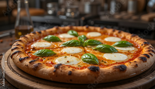 A freshly baked Margherita pizza with a crispy, charred crust, topped with bubbling mozzarella cheese, fresh basil leaves, and a drizzle of olive oil. 
