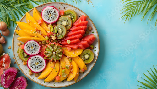 A colorful tropical fruit platter featuring fresh mango slices, juicy watermelon, ripe kiwi, passion fruit halves, and dragon fruit, all arranged beautifully on a ceramic plate.