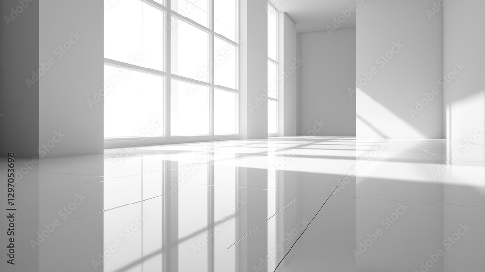 Sunlight in modern white room, clean floor, windows Sunlight in modern white room, clean floor, windows