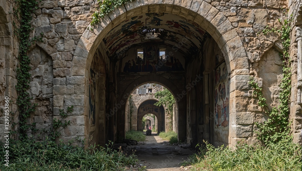 Naklejka premium Explore the mystery of a stone archway entwined with vines in a forgotten ruin revealing glimpses of ancient carvings and weathered frescoes