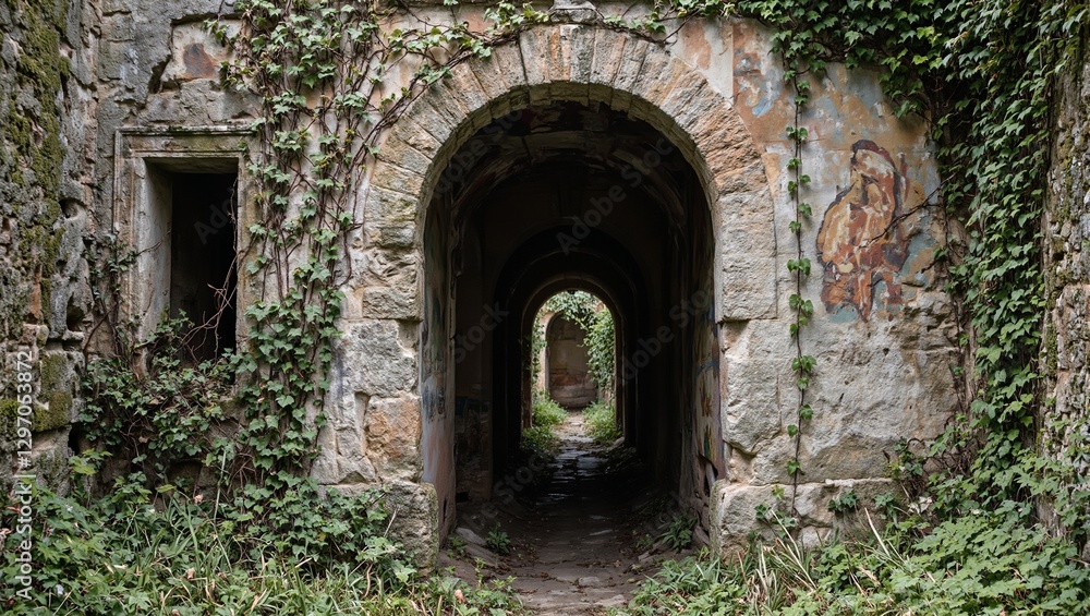 Fototapeta premium Explore the mystery of a stone archway entwined with vines in a forgotten ruin revealing glimpses of ancient carvings and weathered frescoes