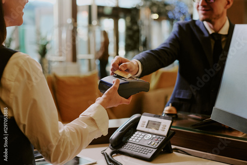 Back view of female receptionist holding wireless payment terminal while hotel guest tapping card