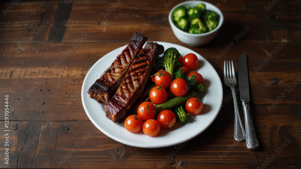 Plate with delicious grilled ribs and vegetables on wooden table Plate with delicious grilled ribs and vegetables on wooden table