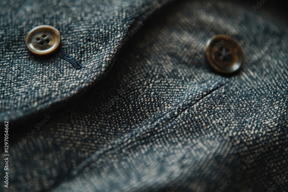 Close-up of a finely textured tweed fabric garment with brown buttons, showcasing the detail and pattern of the material. Close-up of a finely textured tweed fabric garment with brown buttons, showcasing the detail and pattern of the material.
