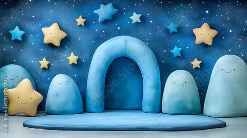 Night sky backdrop, whimsical archway, cute characters, product display