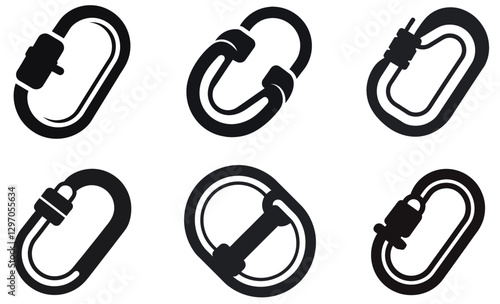 Six black and white, simple icons of climbing carabiners.