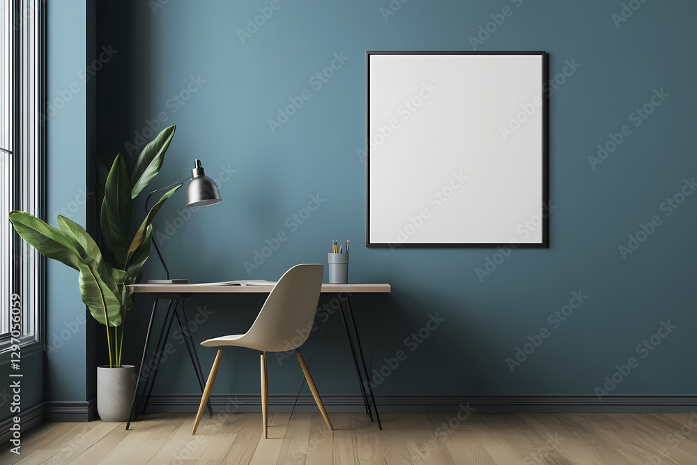 A mockup of an empty, blank white poster frame on the wall in an office room with a desk and chair, featuring a modern interior design A mockup of an empty, blank white poster frame on the wall in an office room with a desk and chair, featuring a modern interior design