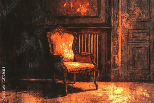A single ornate chair sits in a dimly lit room interior