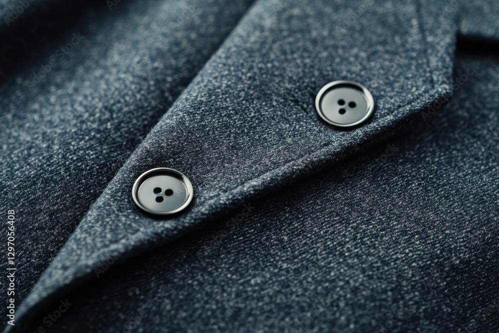 Close-up of a tailored garment, with buttons in focus, showcasing the fabric's detailed texture and construction. Style and attention to detail. Close-up of a tailored garment, with buttons in focus, showcasing the fabric's detailed texture and construction. Style and attention to detail.