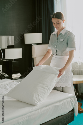 Canvastavla Vertical shot of young adult Caucasian chambermaid in uniform adjusting snow whi