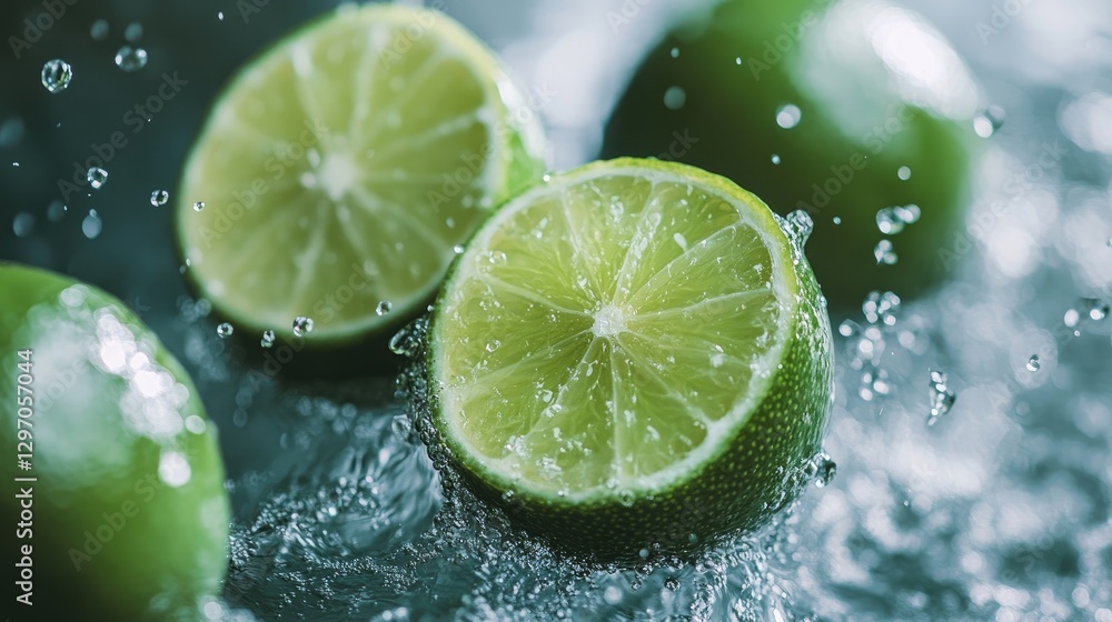 Whole and halved limes floating dynamically, emphasizing their refreshing green hue. Whole and halved limes floating dynamically, emphasizing their refreshing green hue.