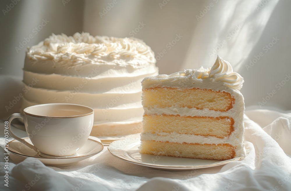 Beautifully Layered Vanilla Cake with Whipped Cream Frosting Next to Elegant Teacup on Soft Fabric Background Beautifully Layered Vanilla Cake with Whipped Cream Frosting Next to Elegant Teacup on Soft Fabric Background