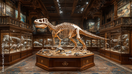 Dinosaur skeleton exhibit in ornate museum hall.  Possible use Educational stock photo