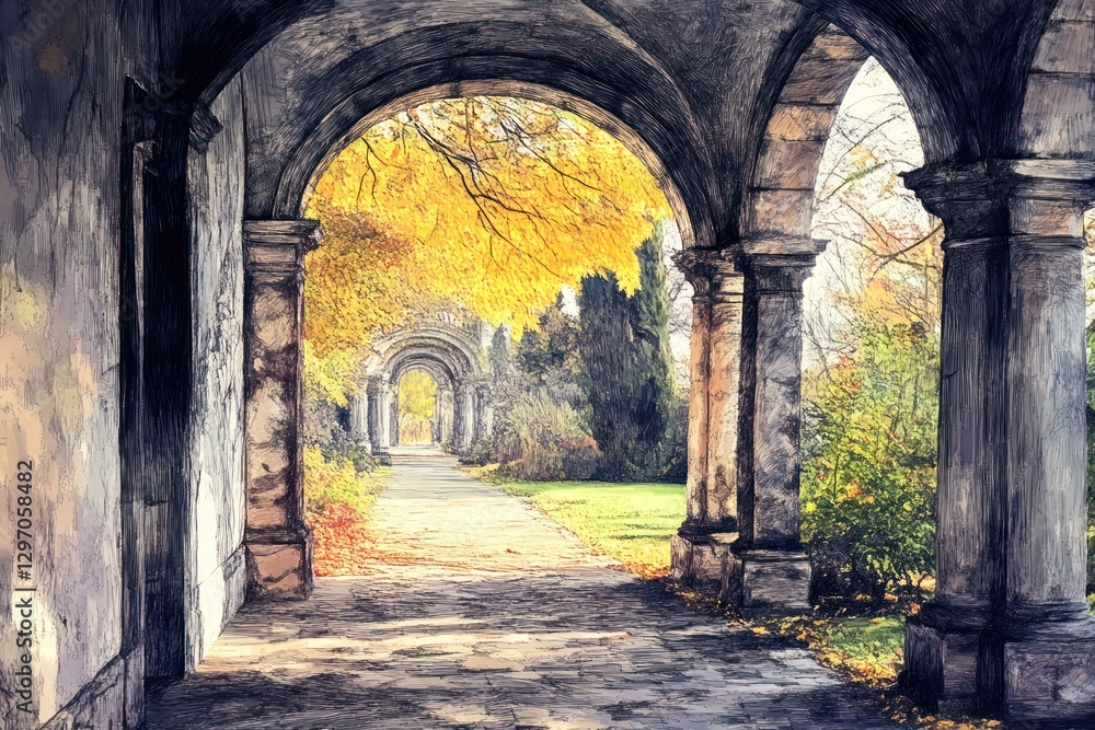 Obraz premium Arched stone colonnade framed a picturesque autumn landscape scene