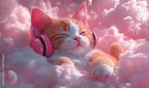 A cute cat with headphones is relaxing on pink clouds in a serene scene