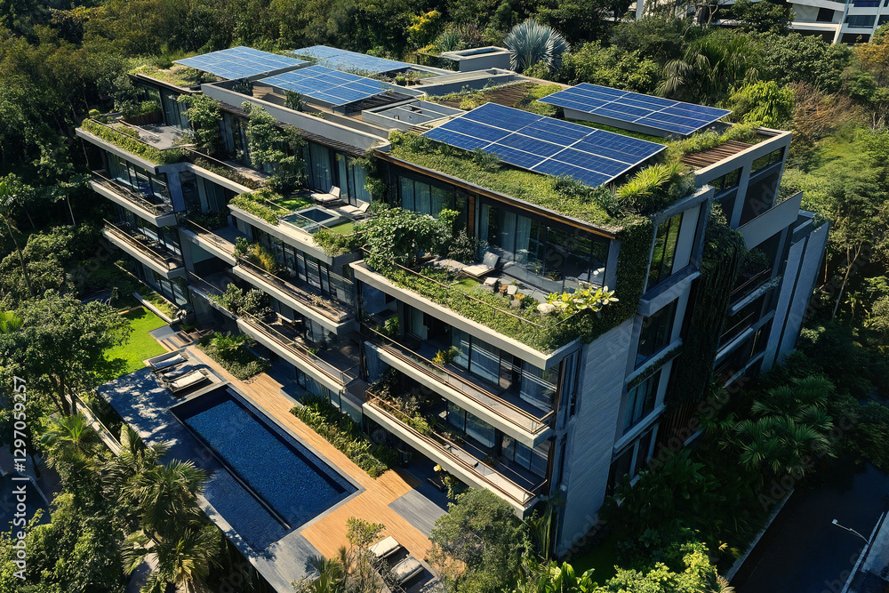 Fototapeta premium A stunning multi-story office building with integrated solar panels on the roof and solar glass windows, reflecting the vibrant city skyline. 