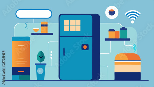 Smart Fridges An illustration of a futuristic kitchen where a smart fridge automatically orders groceries online and processes payment showcasing home automation in a cashless
