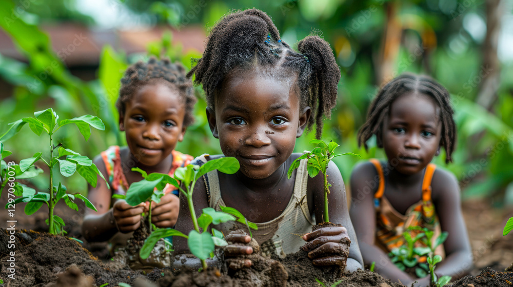 Group of happy children actively engaged in planting tree seedlings. Children work hard together, with joy and enthusiasm. Caring for nature and growth of environmental awareness in younger generation Group of happy children actively engaged in planting tree seedlings. Children work hard together, with joy and enthusiasm. Caring for nature and growth of environmental awareness in younger generation