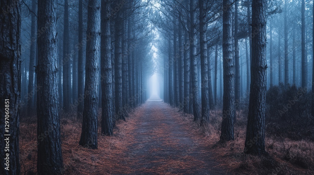 Foggy Forest Road Lined with Tall Shadowy Pine Trees Disappearing Mist Foggy Forest Road Lined with Tall Shadowy Pine Trees Disappearing Mist