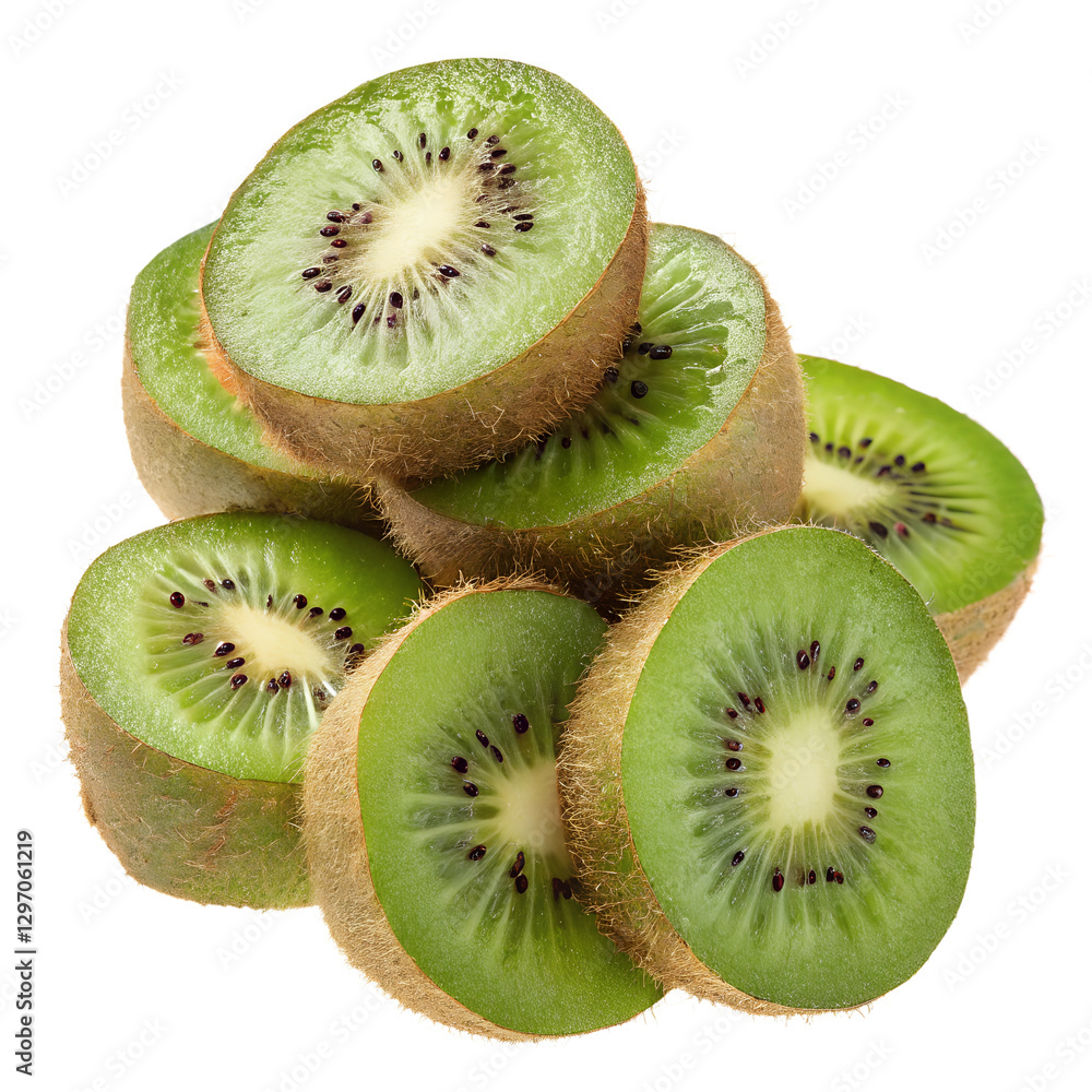 Fototapeta premium Fresh Kiwi Fruits with Sliced Halves on White Background