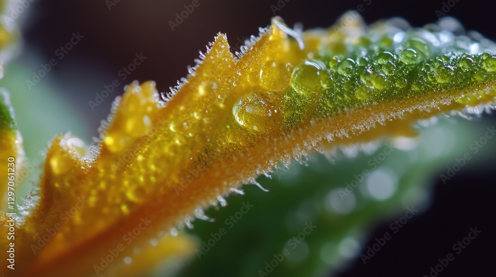 Fototapeta premium A detailed view of a leaf with water droplets glistening on its surface, perfect for use in nature-inspired designs or scientific illustrations