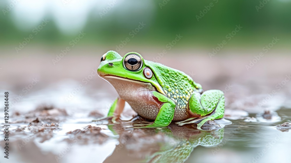 Naklejka premium Green frog in puddle, forest background, nature photography