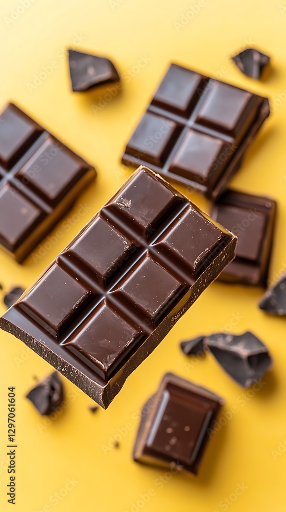Fototapeta premium Dark chocolate bars and fragments on a bright yellow surface