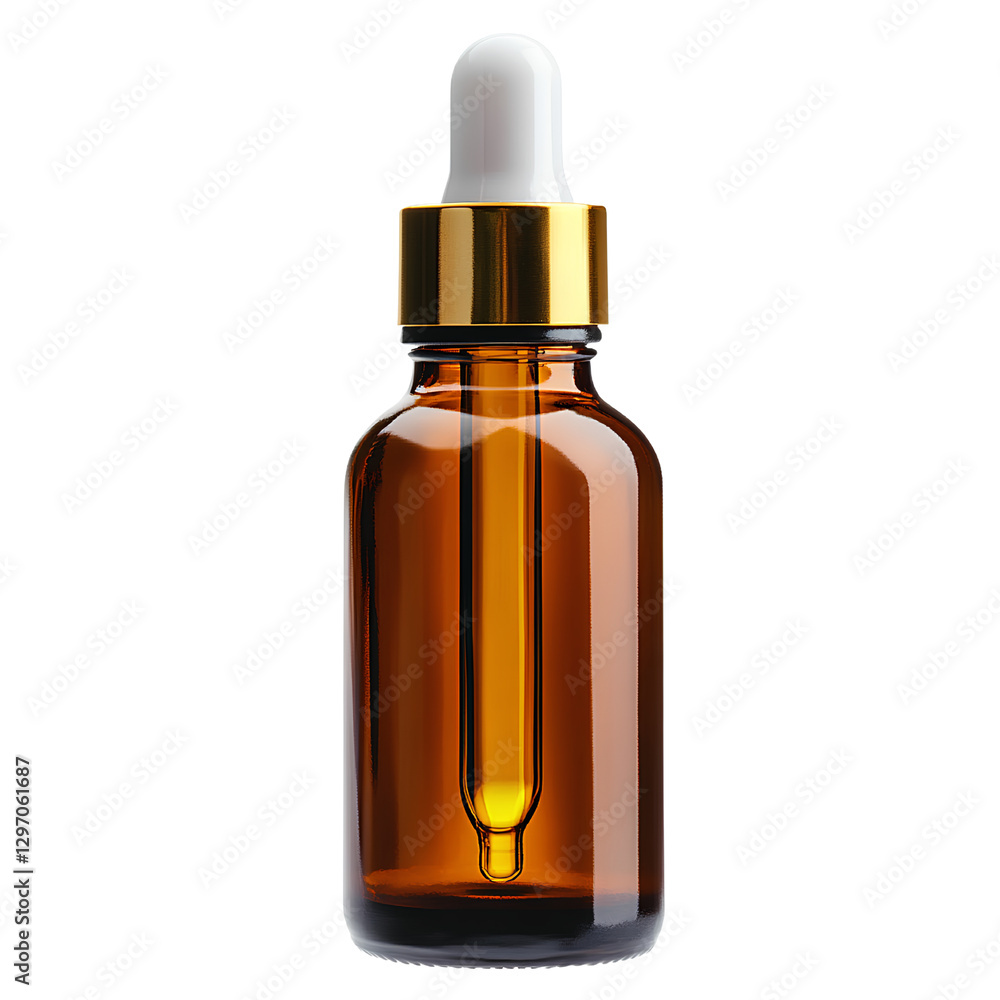 An amber glass dropper bottle with a gold metal cap, on a white background, with a transparent background An amber glass dropper bottle with a gold metal cap, on a white background, with a transparent background