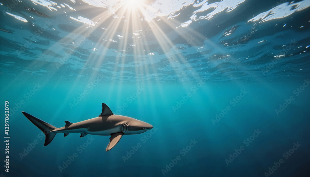 Fototapeta premium Shark swimming under sunlight in clear blue ocean