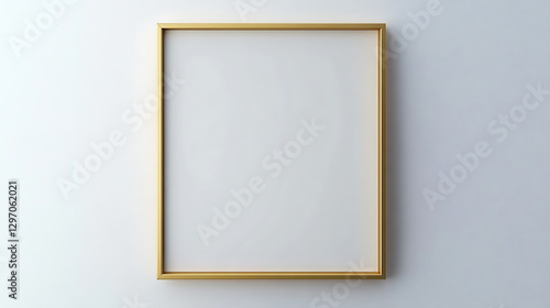 Empty golden photo frame on a clean white wall background copy space
