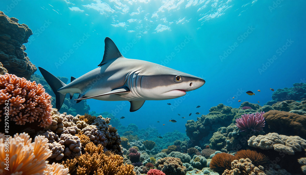 Fototapeta premium Shark swimming among colorful coral reef
