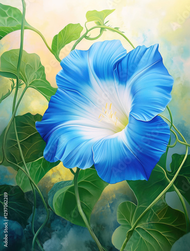 A radiant photorealistic blue morning glory flower with soft, vivid petals and delicate natural beauty