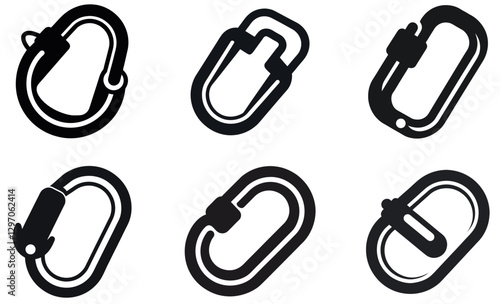 Six Black Carabiners Icons for Climbing or Outdoor Gear