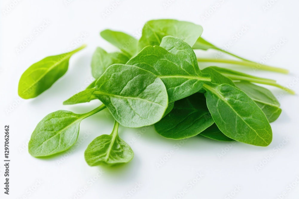 A close-up view of fresh spinach leaves arranged on a white surface A close-up view of fresh spinach leaves arranged on a white surface