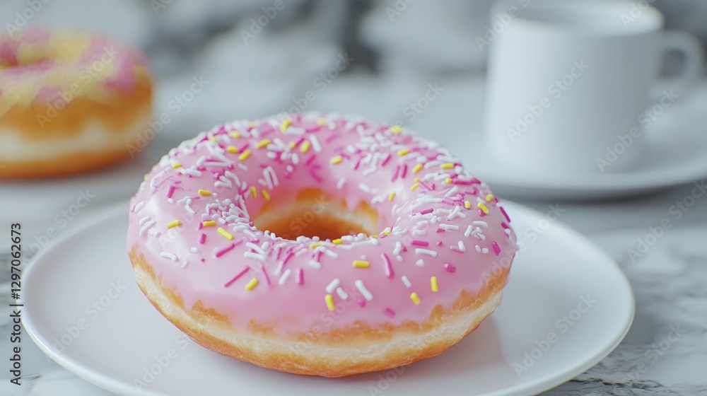 A delicious pink frosted donut topped with colorful sprinkles on a white plate A delicious pink frosted donut topped with colorful sprinkles on a white plate